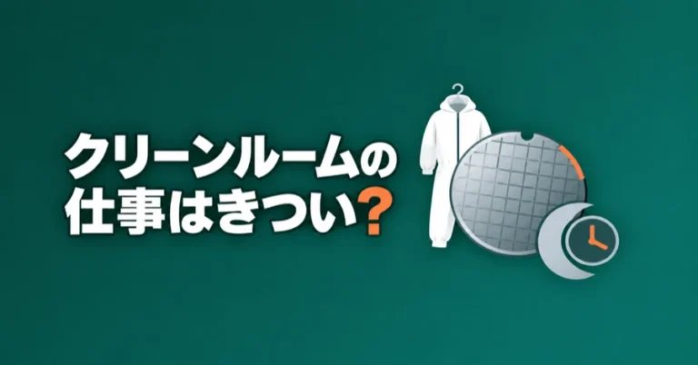 「クリーンルームの仕事はきつい？」の文字と、防塵服、ウエハー、時計のイラスト