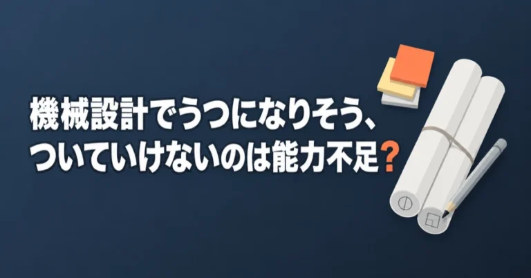 「機械設計でうつになりそう、ついていけないのは能力不足？」の文字と、丸めた図面、付箋、鉛筆のイラスト