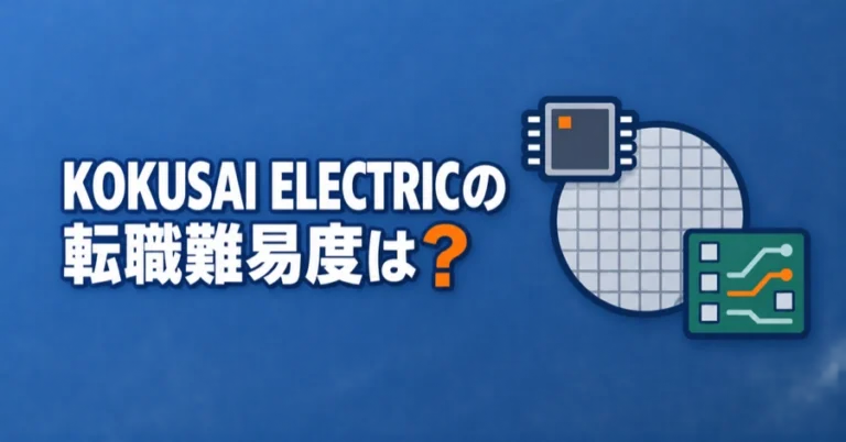 「KOKUSAI ELECTRICの転職難易度は？」の文字と、半導体チップ、ウエハー、回路基板のイラスト