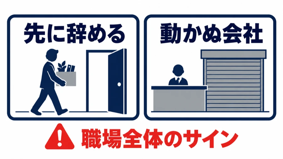 まともな人から先に辞める・相談しても会社が動かないという職場全体のサインの図解