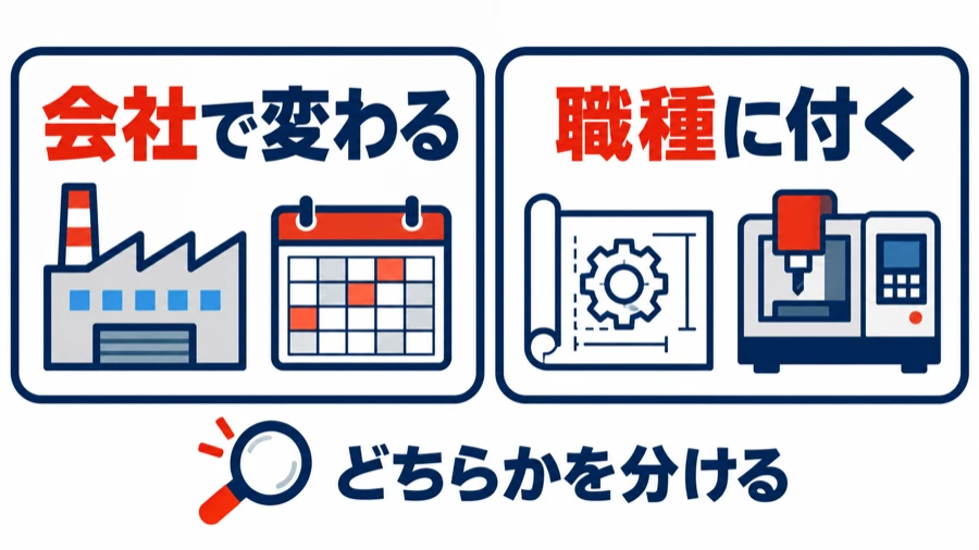工場の稼働体制や当番など会社で変わるきつさと、設計や設備の調整など職種に付いてくるきつさを分けて確かめることを示した図