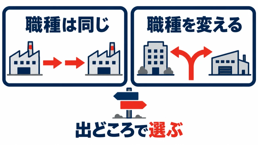 職種は同じまま今の会社に残る、社内で異動する、会社を変える道と、職種を変える道に分けて、きつさの出どころで選ぶことを示した図