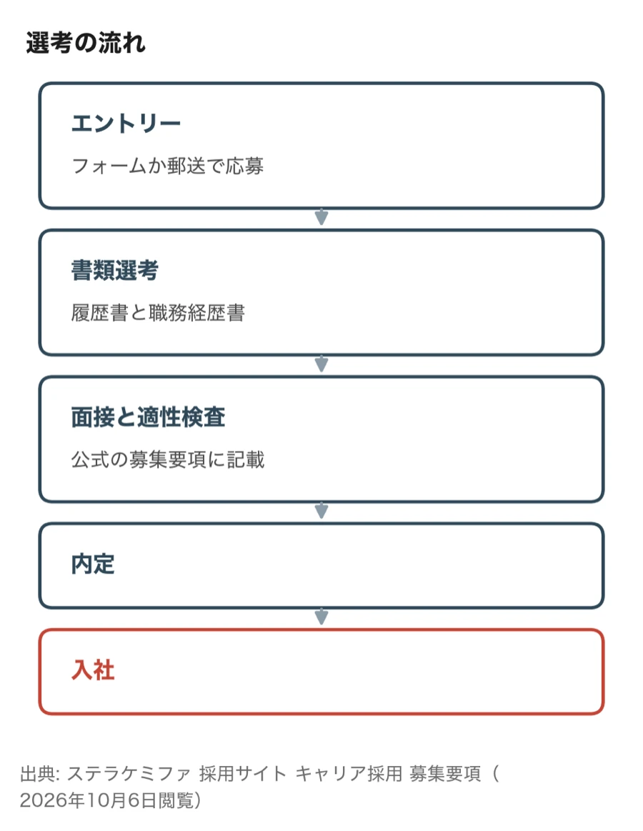 エントリー、書類選考、面接と適性検査、内定、入社の順に進む選考の流れの図